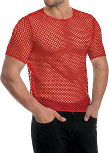 T-shirts en maille filet transparente, couleur rouge unie, à manches courtes et col rond, coupe ajustée, respirants, pour le sport, à vendre - Product Image 2