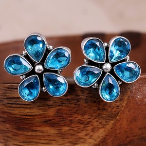 Boho Ethnic Engagement <b>Blue</b> Topaz Flower Drop <b>Earrings</b> Brass Bezel Setting Antique Silver Plated Handmade Women's Jewelry ARTS - Product Image 4