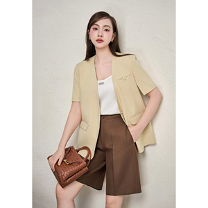 Blazer Amarillo Elegante de Verano para Mujer, Manga Corta, Un Solo Botón, Informal, para Oficina, Cuello en V, Spandex/Poliéster JAYCE - Product Image 2