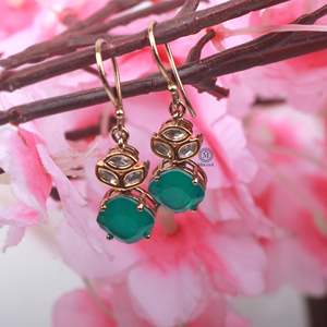 Tushi Polki 18K Gold Plated Drop Hoop Earrings-Ethnic Geometric Zircon & Pearl - Product Image 5