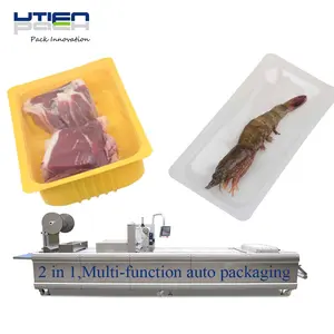 Combine vacuum gas flush and skin packing machine equipment for retail meat fish salmon portion fillets