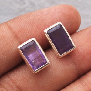 Natural Amethyst Purple Bezel set Rectangular <b>Stud</b> Earrings Gemstone Sterling <b>Silver</b> Handmade Birthstone <b>Studs</b> - Product Image 2