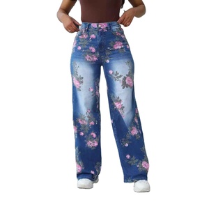 <b>Women</b> High Waist Wide Leg <b>Jeans</b> Floral Print Denim Pants <b>Vintage</b> Loose Baggy Full Length Trousers - Product Image 1