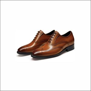 Chaussures habillées en cuir véritable pour hommes, style Oxford à bout pointu, à lacets, marron uni, pour le bureau et la carrière, toutes saisons, semelle extérieure en caoutchouc - Product Image 1