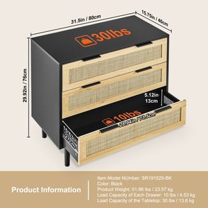 Comò Moderno a 3 Cassetti in Rattan, Cassettiera in Legno Naturale, Organizzatore per Vestiti con Stile Boho per Applicazioni in Seminterrato - Product Image 2