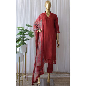 PARTY WEAR THREAD WORK <b>TOP</b> BOTTOM WITH DUPATTA <b>MAROON</b> - Product Image 1