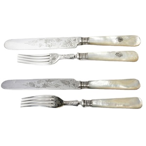 Antique English Silver Plate & Mother Of Pearl Handled Dessert Engraved Collectible Flatware <b>Handle</b> Restaurant Hotel Home Use - Product Image 1