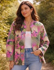 Premium Artisanal Indian Silk Screen Printed Knitted Cotton <b>Quilted</b> <b>Jacket</b> Women Luxury Kantha Work Floral <b>Pattern</b> Winter - Product Image 1
