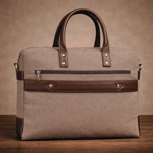 Sacoche pour ordinateur portable classique en toile grise bicolore, sac de bureau professionnel durable avec poignées en cuir et bandoulière - Product Image 3