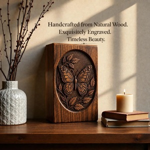 Handcrafted Butterfly Engraved American Style Natural Wood Cremation Urn <b>Box</b> Eco-Friendly Pet & Baby <b>Memorial</b> Keepsake Storage - Product Image 5