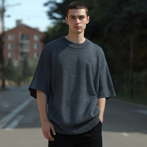 T-shirt décontracté en tricot uni pour homme, coupe ample, manches courtes, respirant, écologique, 100% coton, fabrication sur mesure directe d'usine - Product Image 3
