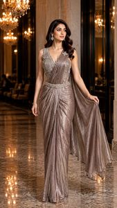 Sari en soie rose brodé, infroissable et anti-humidité, robe traditionnelle pour mariage et fête - Product Image 2