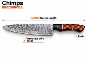 Couteau Santoku de style japonais personnalisé avec lame en acier Damas (6-7,9 pouces), manche en résine à carreaux noir et orange, ambidextre - Product Image 2