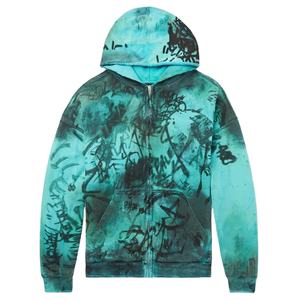 Custom Winter Embroidered Zipper up Graffiti Print Oversized Distressed Ripped Full-Zip <b>Thermal</b> <b>Hoodie</b> for Men 100% Cotton - Product Image 1