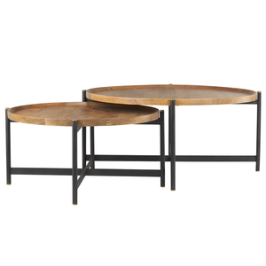 Table basse de salon en bois de manguier massif, ronde, pliable, fabriquée à la main en fer et en bois, avec finition naturelle et noire - Product Image 1