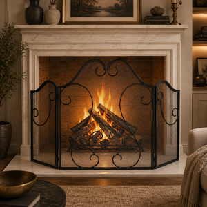Protector de Chimenea Metálico Ornamentado, Plegable, de Tres Paneles, con Malla Fina, para Proteger el Hogar - Product Image 1