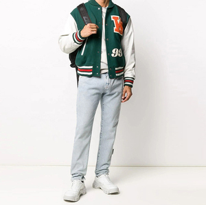 Green Varsity <b>Jacket</b> Men Preppy Style Embroidered Letter W Front White Sleeve Autumn Wear - Product Image 3