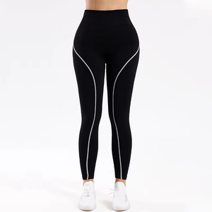 Pantalons de yoga pour femmes, pantalons de yoga côtelés à taille haute, vêtements de fitness à blocs de couleur très vendus, collants sans couture avec logo - Product Image 4