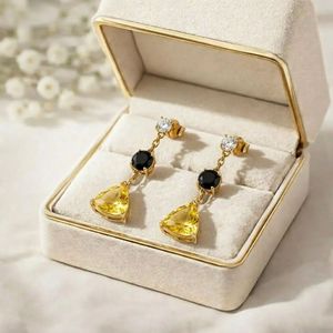 Lemon Quartz Trillion Cut & Black Obsidian Drop <b>Earrings</b> With CZ Accent Minimalist Stud <b>Dangle</b> Handmade 925 Sterling <b>Silver</b> - Product Image 2