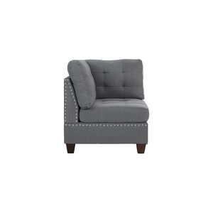 Divano Angolare Tufted 1 Pezzo in Tessuto Grigio Effetto Lino con Borchie e Gambe in Legno per Soggiorno - Product Image 2