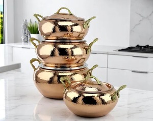 Ensemble de casseroles en cuivre 4 pièces, pot en laiton avec couvercle et poignées en acier inoxydable, design vintage, lavage à la main uniquement, pot de cuisson - Product Image 1
