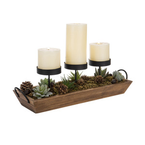 Bandeja rústica de madera con 3 portavelas y asa, acabado en recubrimiento de polvo negro, centro de mesa para decoración del hogar - Product Image 2