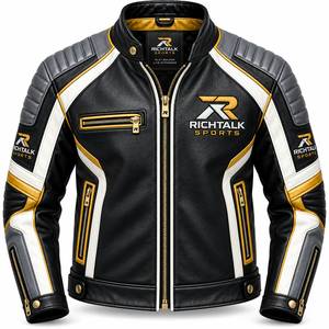 Blouson de moto en cuir véritable pour homme, noir, blanc, or, color block, col montant, fermeture éclair, coupe-vent, style motard - Product Image 1