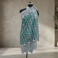 Sarong en coton imprimé à la main turquoise avec motifs floraux et bordure bleue, léger, paréo de plage indien pour femme
