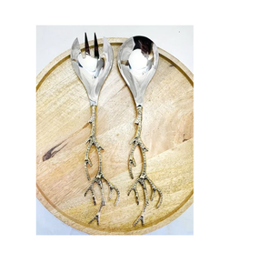 Ensemble de service à salade en acier inoxydable et laiton, comprenant une cuillère et une fourchette, avec manche en forme de tige d'arbre, 2 pièces - Product Image 5