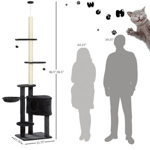 Albero per Gatti Verticale Grigio Regolabile in Altezza da Pavimento a Soffitto con Piattaforme in Moquette, Cuccia e Aree di Tiraggio in Corda per Arrampicata - Product Image 6