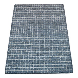 Tapis moderne en laine tufté à la main, motif géométrique quadrillé bleu, à poils ras, haute densité, coupé et bouclé - Product Image 2