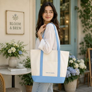 B2B Premium 100% Cotton <b>Canvas</b> <b>Tote</b> Bag Front Pocket Light Blue | Double Shoulder Handles Reusable Shopping Grocery Promotional - Product Image 2