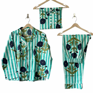 Conjunto de Pijama de Manga Larga con Cuello en V, 100% Algodón Suave para Mujer |   Ropa de estar por casa estilo boho, lisa y con estampado a mano |   Bolsa para Ropa de Dormir de Verano - Product Image 1