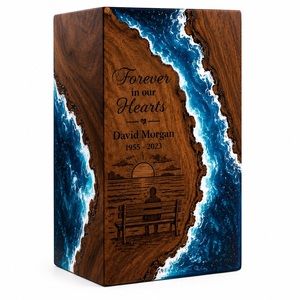 Personalized American Style Ocean Wave Resin Wooden Cremation Urn Eco-Friendly Durable <b>Memorial</b> <b>Box</b> Forever in Our Hearts - Product Image 1
