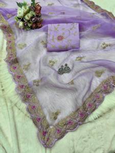 Sari de organza con bordado de diseño, trabajo de codificación y borde con trabajo de corte, con blusa sin coser de satén Banglory. - Product Image 4