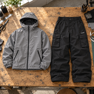 Ensemble veste et pantalon de ski entièrement personnalisable, gris, à capuche, pantalon cargo noir à jambes larges, léger, anti-UV, logo personnalisé - Product Image 1