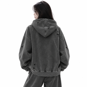 Sweat à capuche zippé gris délavé et vieilli style streetwear Y2K, sweat-shirt molletonné oversize, vente en gros de sweats oversize - Product Image 5