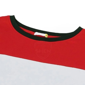 Camiseta de Cuello Redondo para Mujer, Diseño de Bloques de Color, Manga Corta, Corte Holgado, Informal, de Algodón Jersey, con Rayas Rojas, Blancas y Negras - Product Image 5