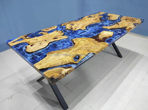 Table à manger en bois époxy bleu océan, bord naturel, design moderne, fabrication artisanale, plateau en bois époxy durable, mobilier de salle à manger, 6 places - Product Image 5