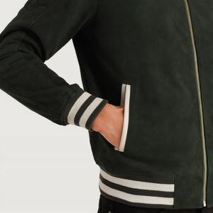 <b>Men's</b> Green <b>Suede</b> Bomber <b>Jacket</b> With White Stripe Trim Regular Fit Zipper Closure Casual Varsity <b>Jackets</b> - Product Image 6