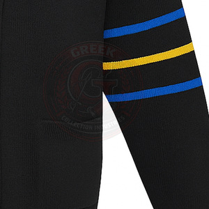 Suéter de Mujer Sigma Gamma R, Cárdigan Tejido con Cuello en V, Manga Larga, Letras Griegas Bordadas, Rayas Negras, Azules y Amarillas - Product Image 3