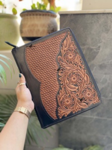 Classeur de portefeuille en cuir véritable avec fermeture à glissière pour portefeuille de documents floraux en cuir véritable - Product Image 4