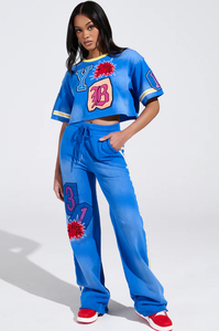 Women's Blue <b>Cropped</b> T-Shirt And Jogger Set With <b>Red</b> Star Print Loose Fit Streetwear 2-Piece Sportswear Spring Summer - Product Image 5