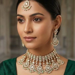 Luxury High Quality Vintage Alloy Gold Plated Pearl Kundan Choker Necklace <b>Set</b> Earrings Maang Tikka Engagement Anniversary - Product Image 1