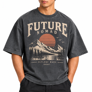 Camiseta de algodón extragrande estilo vintage Future Nomad para hombre, manga corta, cuello redondo, estampado de jersey lavado. - Product Image 1