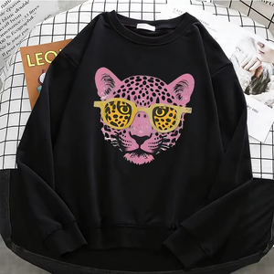 Sudadera Negra de Cuello Redondo para Mujer, con Estampado de Gafas de Sol Rosas, Informal, de Otoño, Manga Larga, Tejida, 100% Algodón, con Logotipo Frontal, Color Sólido, Ecológica - Product Image 1
