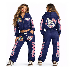 Custom Women <b>Rhinestone</b> Printed Tracksuit Set Cropped Hoodie Jogger 2 Piece Outfit Streetwear Graphic Sweatsuit Custom Logo Set - Product Image 1