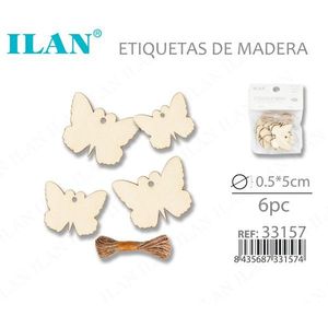 Etichette in legno a forma di farfalla Ilan 5x0,5 cm, 6 pezzi con spago di juta per etichettatura di capi d'abbigliamento - Product Image 3