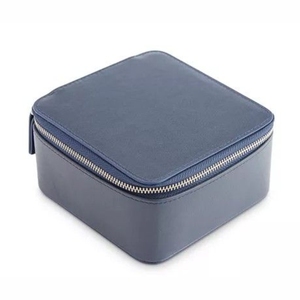 Boîte de rangement pour bijoux en cuir vegan bleu marine de haute qualité, petite boîte carrée à fermeture éclair, organiseur de voyage, boîte d'emballage pour bagues et boucles d'oreilles - Product Image 1