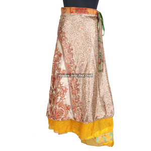 New Long Layered Sari Silk <b>Wrap</b> <b>Skirts</b> Women Wear Vintage Silk Sari Long Length <b>Wrap</b> <b>Around</b> <b>Skirt</b> 2 Layer Reversible Cover up - Product Image 2